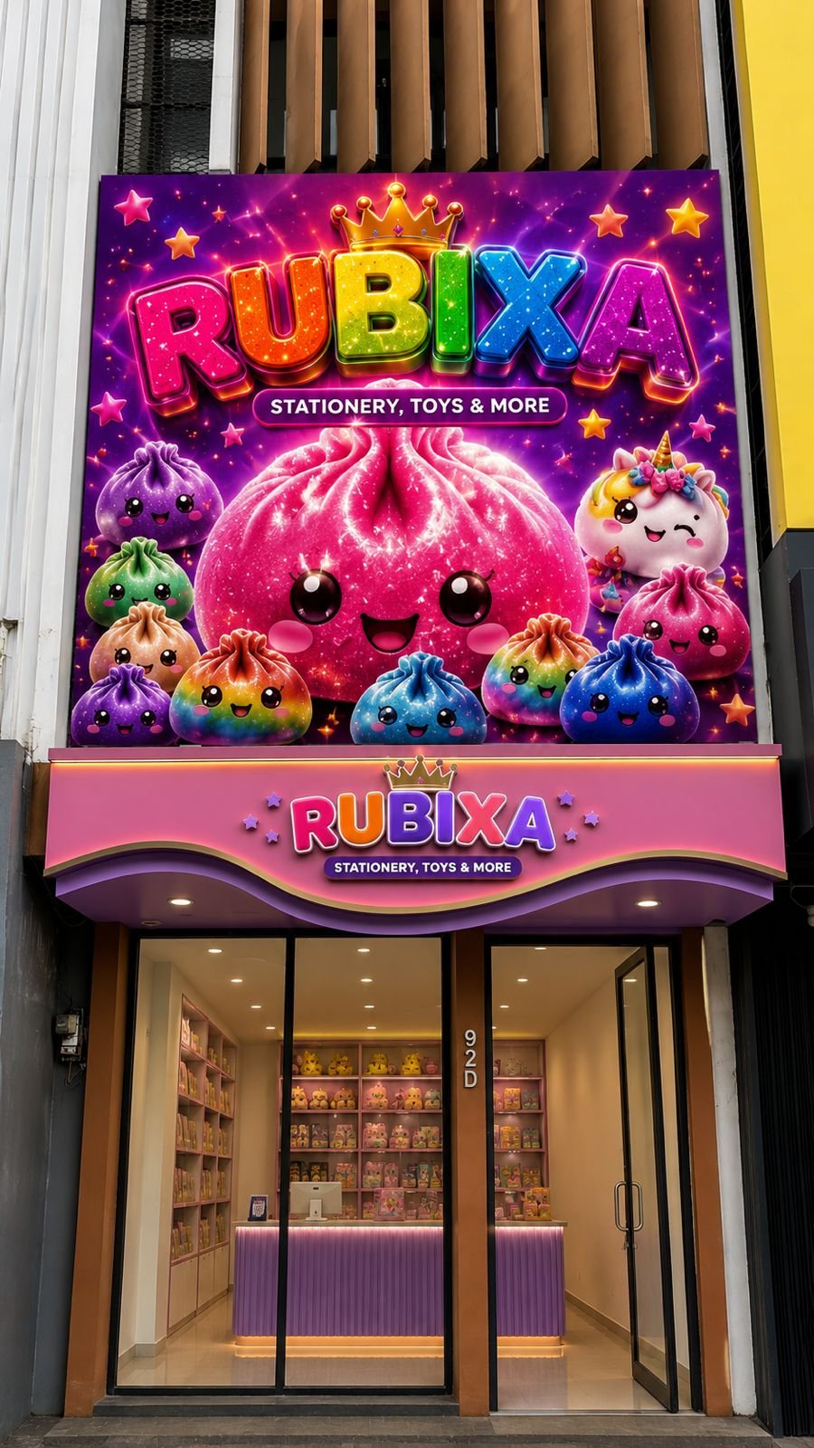 Fasad Toko Rubixa – Storefront Colorful & Dumpling Mascot